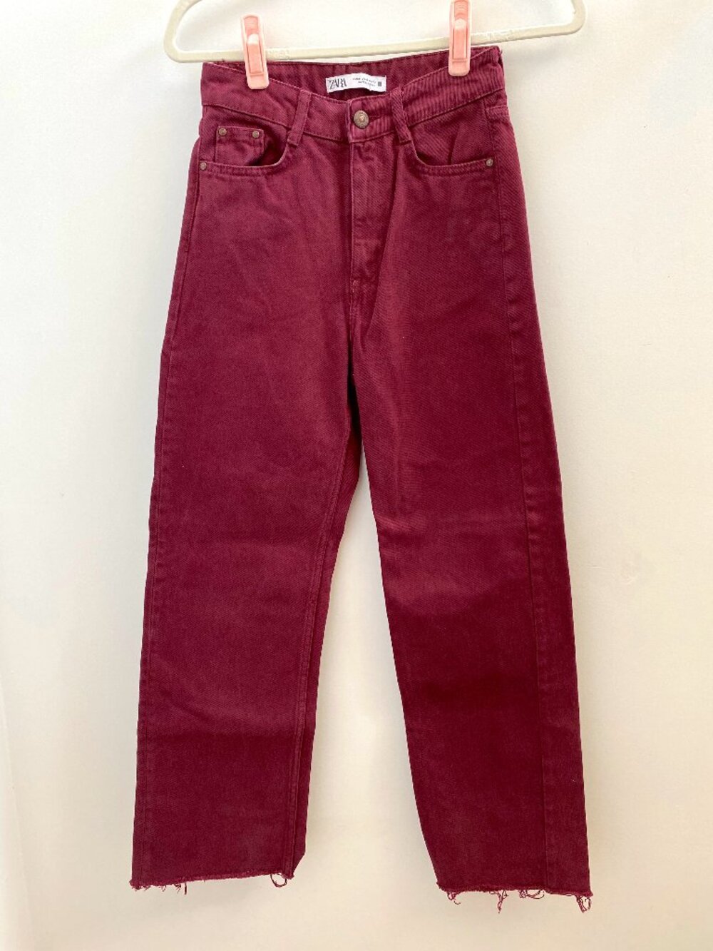 Zara Burgundy High-Rise Straight Leg Raw Hem Jeans Size 0